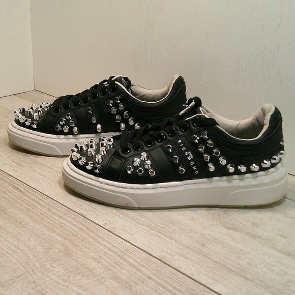 John Richmond Luxury black silver studs leather biker sneakers style Size 35 - Picture 8 of 10